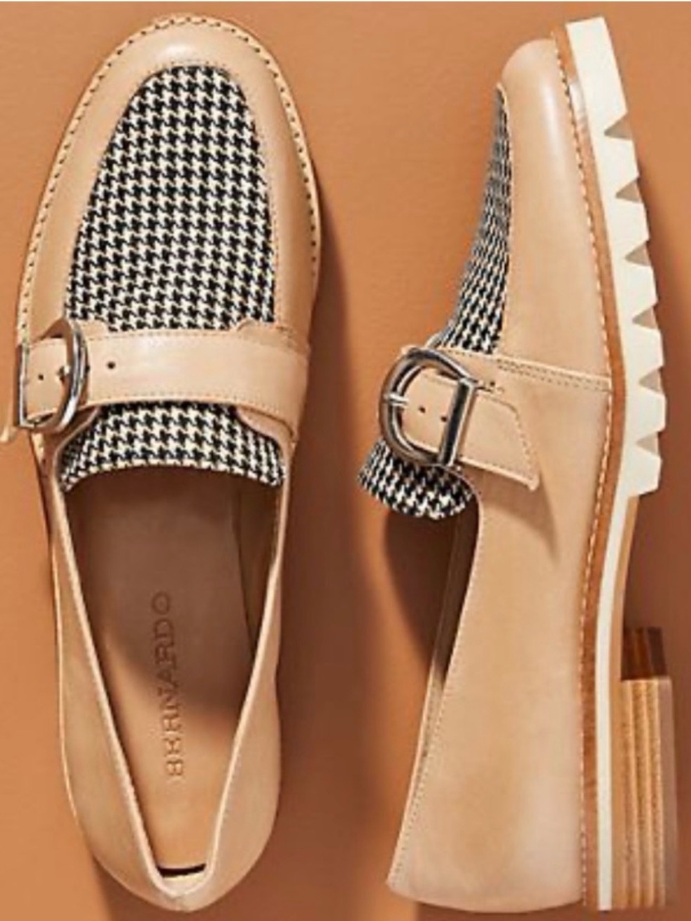 Bernardo Octavia Loafers, Leather Slip On Houndstooth Black White Tan Buckle